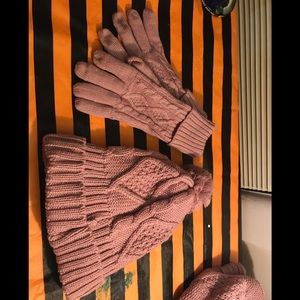 Dusty Rose hat, scarf, and glove set.